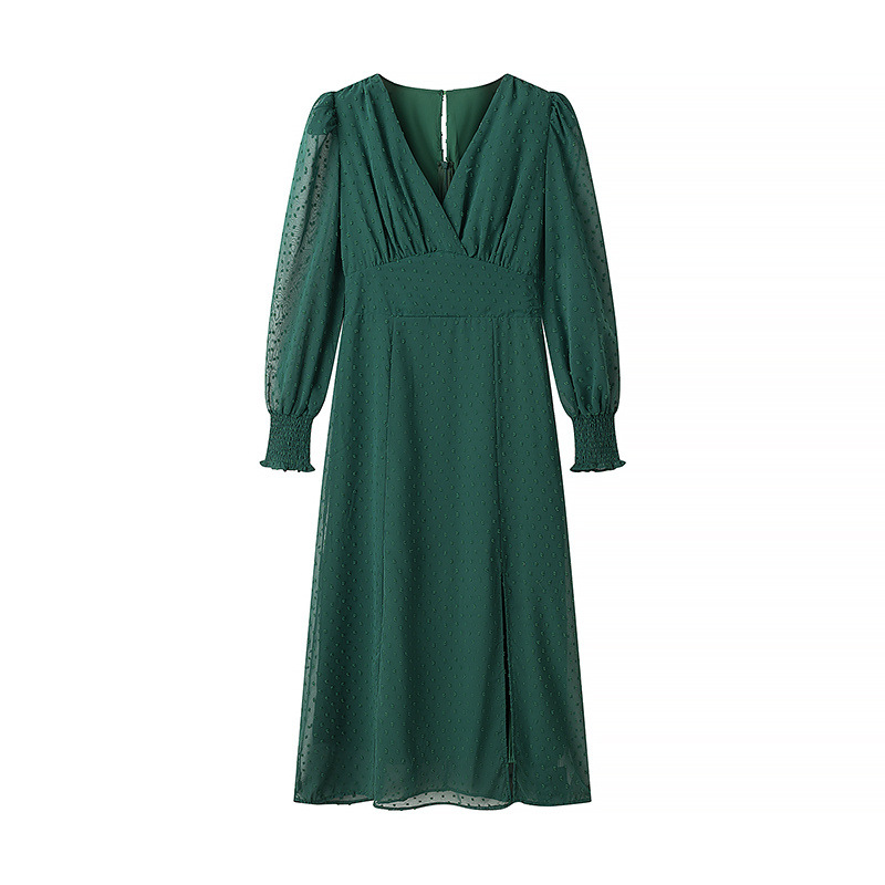 Women's French Vintage V-neck Long-sleeved Slim Open Jacquard Temperament Dresses