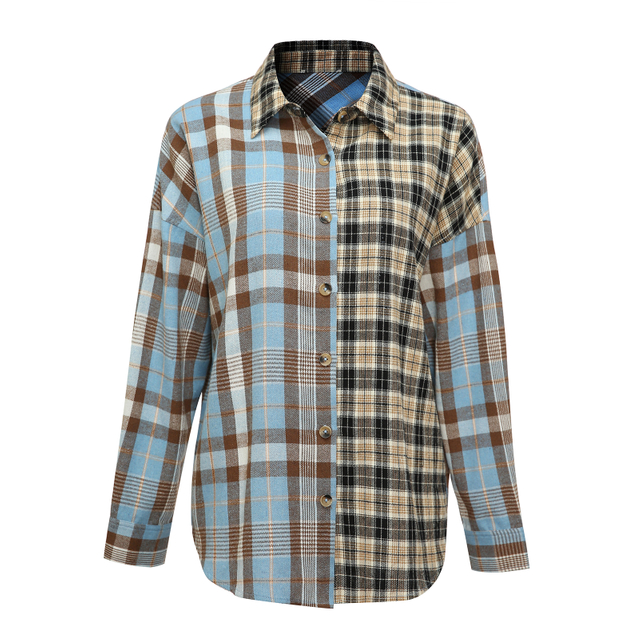 Women's Round Collar Plaid Long Sleeve Shirt
