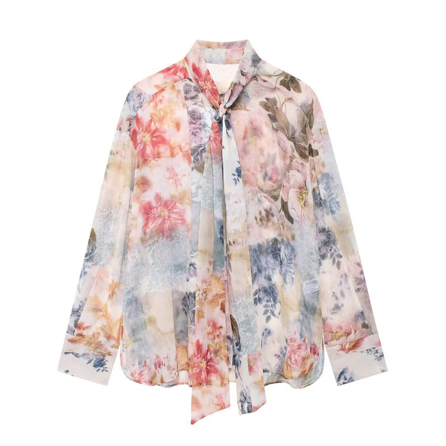 Women's Fashion Casual Printed Bow Trim Long Sleeve Shirt