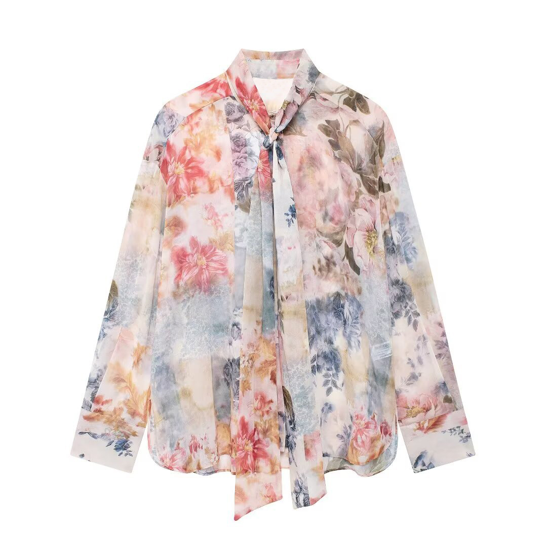 Women's Fashion Casual Printed Bow Trim Long Sleeve Shirt