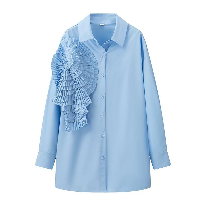 Women's Niche Chic Dimensional Pleated Floral Long Sleeve Shirt