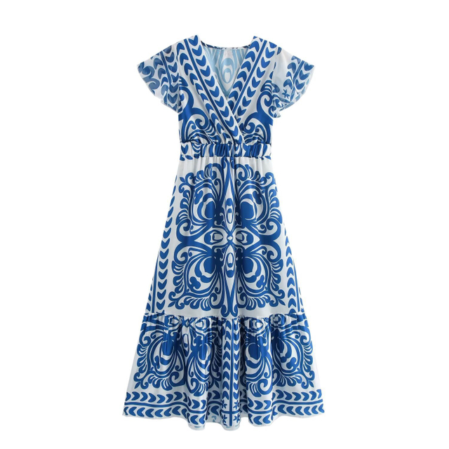  Europe And The United States Ladies Summer New Fashion V-neck Printed Long Dresses