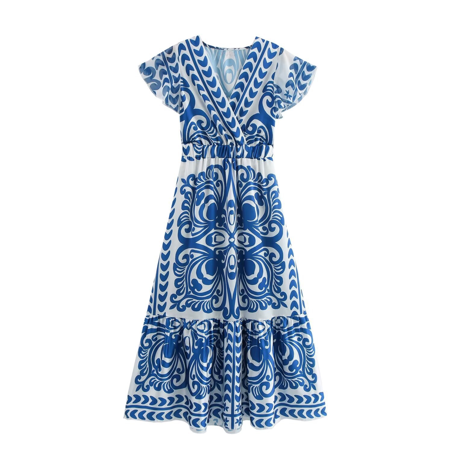  Europe And The United States Ladies Summer New Fashion V-neck Printed Long Dresses