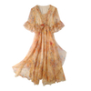 Bohemian Printed Chiffon V-Neck Slimming Mid-Length Simulated Silk Dress Women