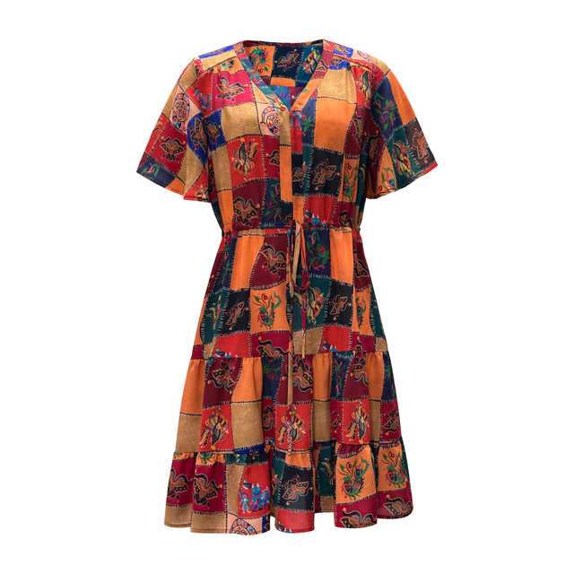 Women's V-Neck Patchwork Stitching Printed Dress