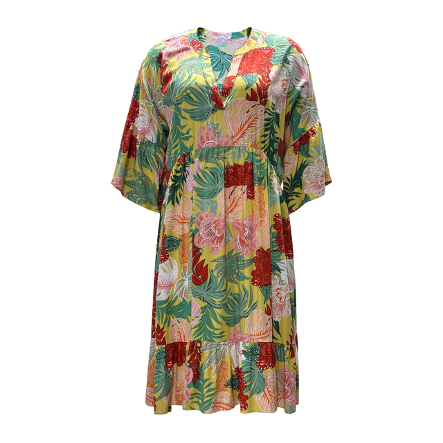 Women's V-Neck Mid Sleeve Fashion Printed Beach Dresses