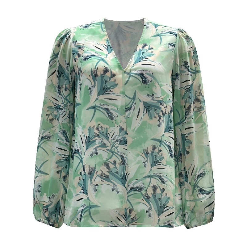 Vacation Resort Top - V-Neck Long Sleeve Lightweight Printed Spring Blouse