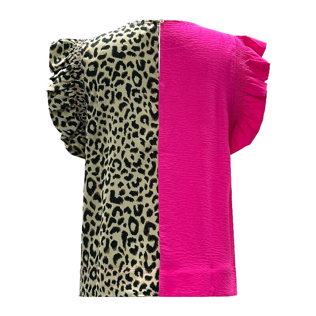 Rose Red & Leopard Patchwork Sleeveless Blouse | Women's Ruffle Chic Casual Top