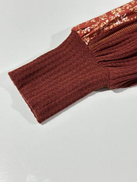 Printed Sleeve Solid Top | Women's V-Neck Long Sleeve Chic Casual Shirt