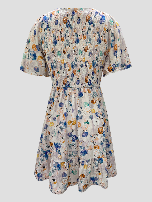 V-Neck Tropical Printed Boho Dress | Women's Lightweight Short Sleeve Summer Vacation Dress