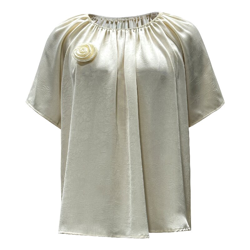 Pleated Blouse | Women's Round Neck Short Sleeve Summer Chic Top