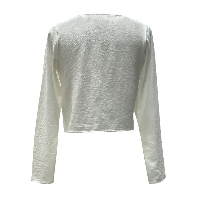 Classic White Top - Round Neck Long Sleeve with Cross Knot Waist Detail