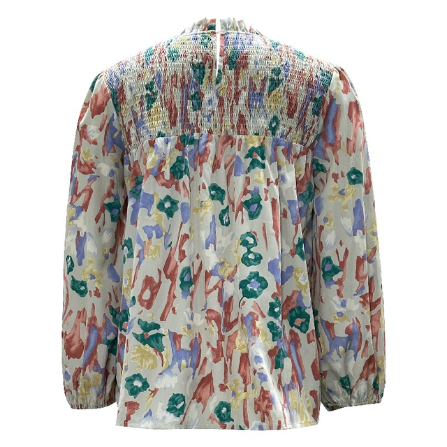 Elastic Loose Boho Blouse | Women's Printed Round Neck Long Sleeve Casual Top