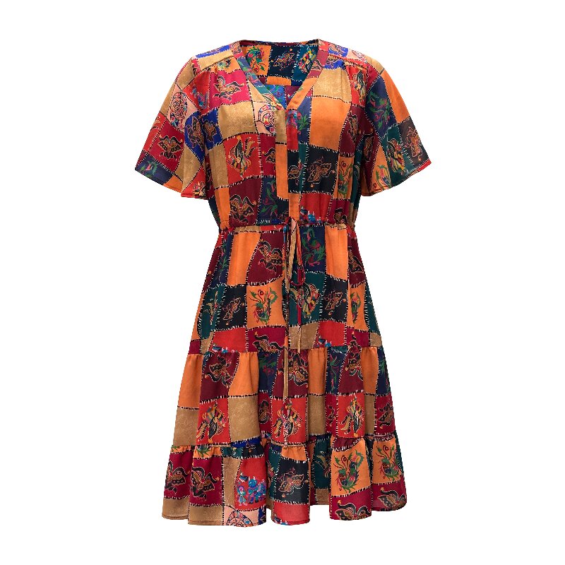ladies summer short sleeve eye-catch printed plaid patchwork boho tropical dress