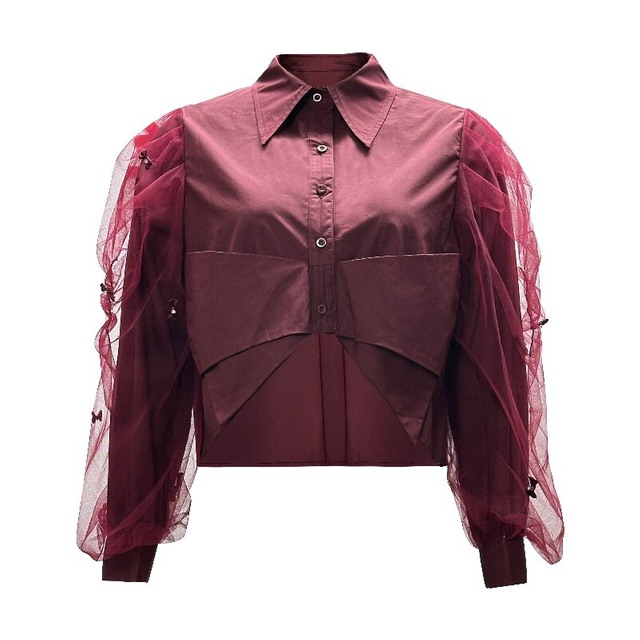 Mesh Overlay Long Sleeve Shirt| Women's Trendy Cotton Long Sleeve Crop Blouse