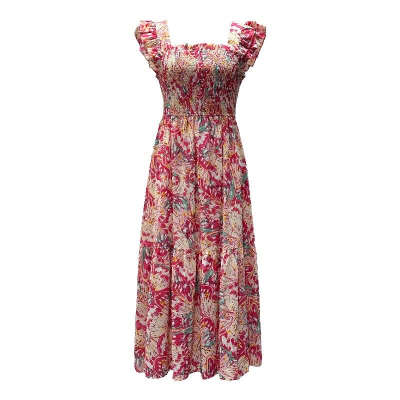 Printed Ruffled Spaghetti Strap Dress | Women's Slimming Summer Vacation Bright Dress