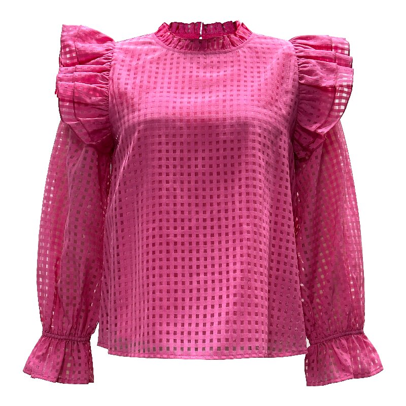 Rose Red Double Layer Ruffle Sleeve Shirt | Women's Sweet Romantic Long Sleeve Blouse