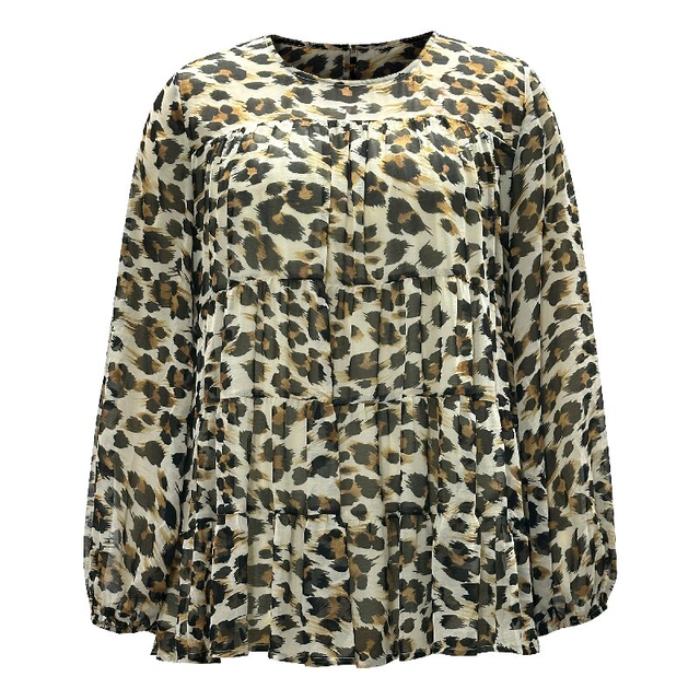 Casual Leopard Shirt - Round Neck Lantern Long Sleeve Women's Blouse