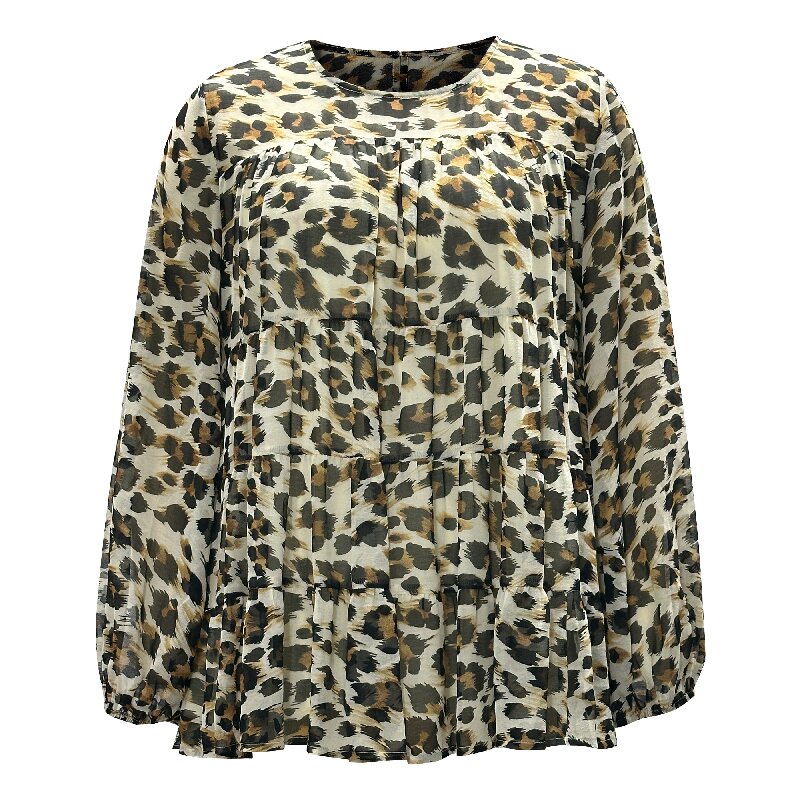 Casual Leopard Shirt - Round Neck Lantern Long Sleeve Women's Blouse