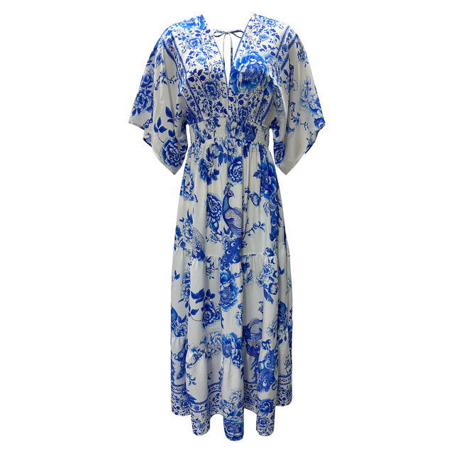 Women Printing Loose Short Sleeve V-neck Sexy Open-back Summer Boho Resort Maxi Dress