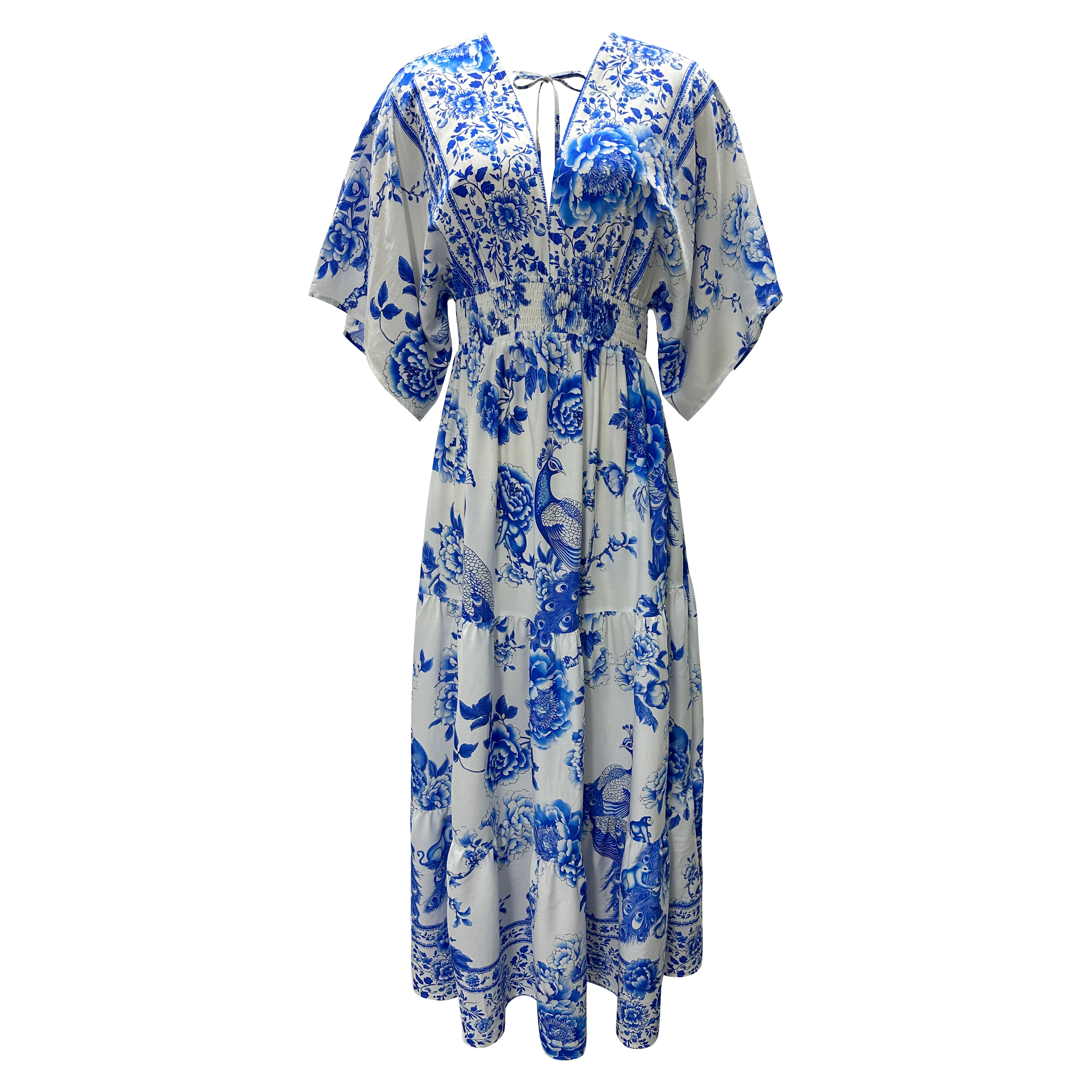 Women Printing Loose Short Sleeve V-neck Sexy Open-back Summer Boho Resort Maxi Dress