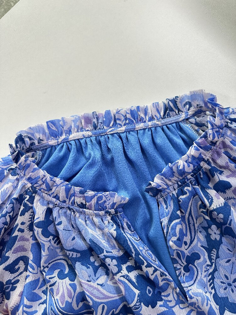 Blue Printed Blouse | Women's Round Neck Long Sleeve Office Top