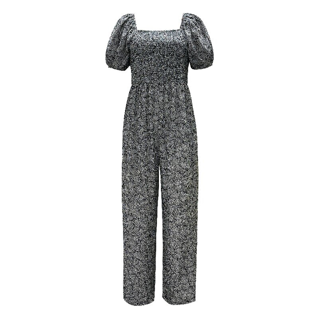 Printed Square Neck Puff Sleeve Jumpsuit | Women Summer Short Sleeve European Style Elastic Waist Jumpsuit