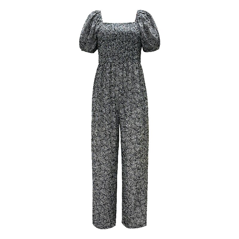 Printed Square Neck Puff Sleeve Jumpsuit | Women Summer Short Sleeve European Style Elastic Waist Jumpsuit