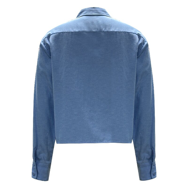 Solid Blue Button Up Shirt | Women's Collared Long Sleeve Office Top