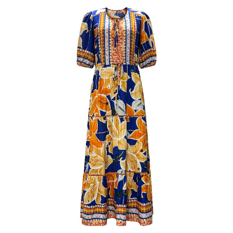 Printed Maxi Dress with Pockets | Women's Boho Beach Waist Cinching Summer Dress