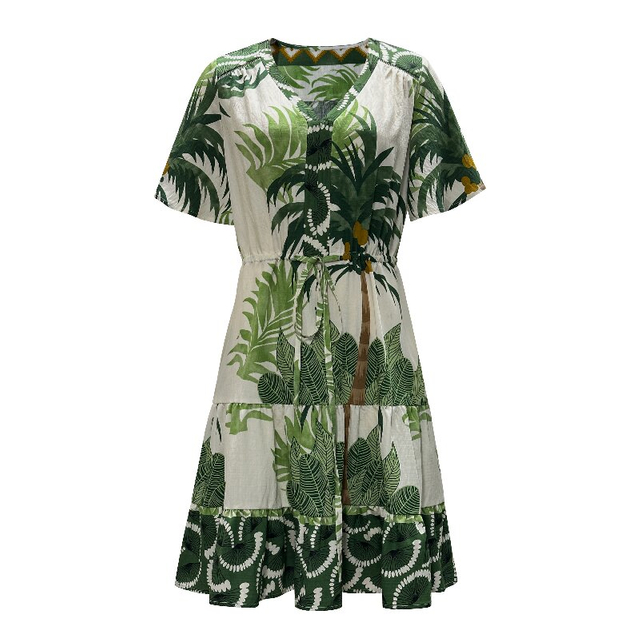 Women Summer Printed Beach V-neck Short Sleeve Dress