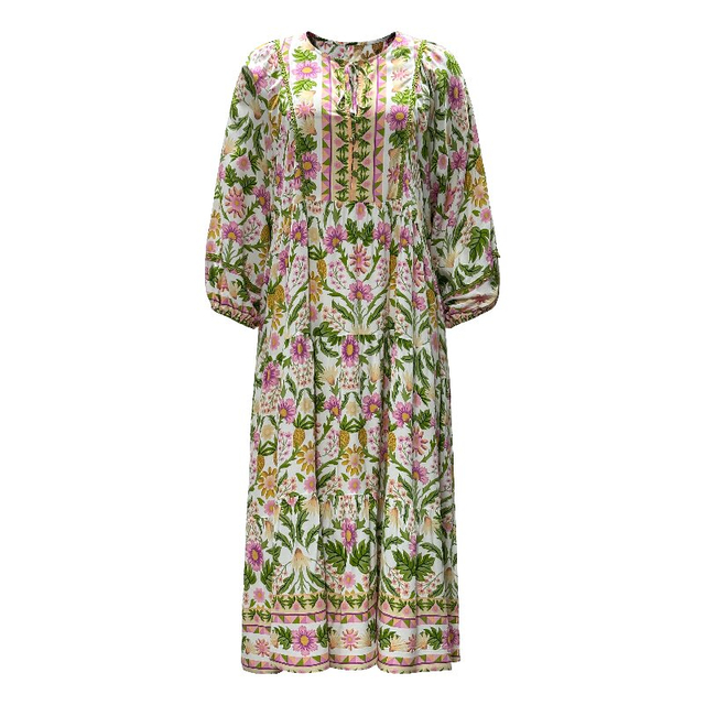 Resort Vacation Maxi Dress - Mid-Sleeve Loose Fit Boho Printed Summer Dress