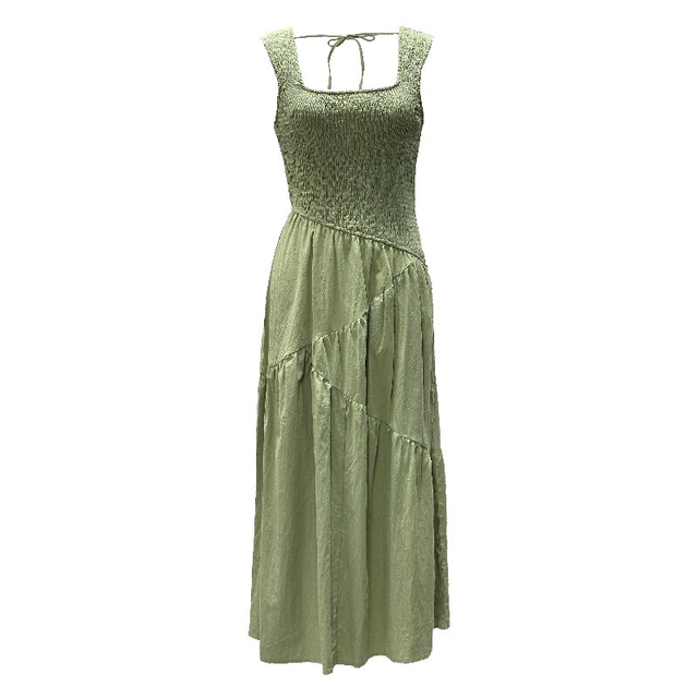 Square Neck Backless Dress | Women's Pleated Waist Slimming Solid Green Suspender Dress