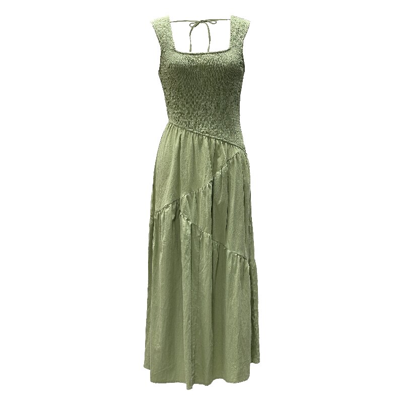 Square Neck Backless Dress | Women's Pleated Waist Slimming Solid Green Suspender Dress