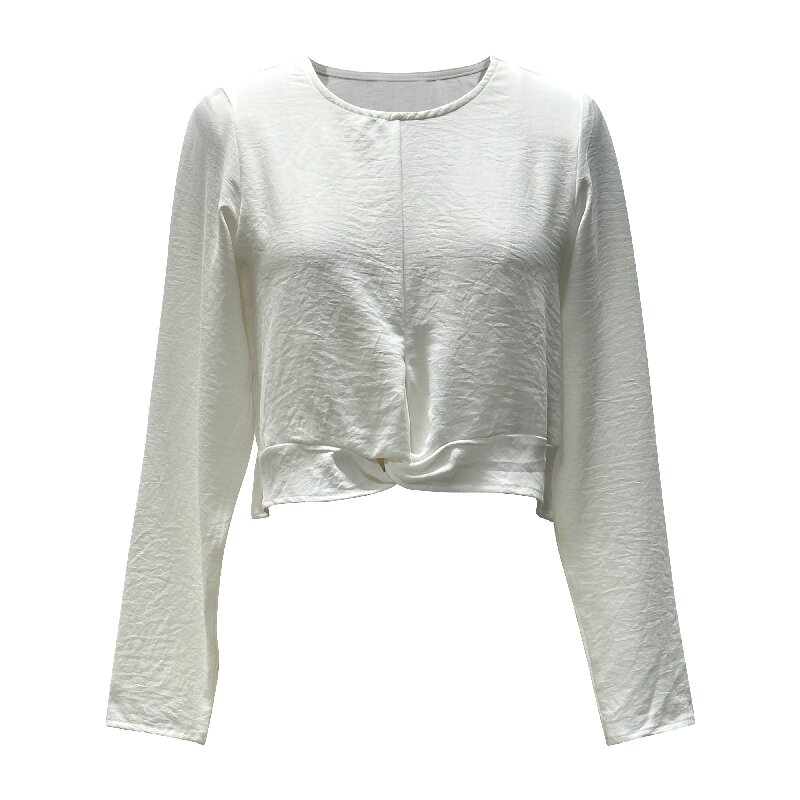 Classic White Top - Round Neck Long Sleeve with Cross Knot Waist Detail