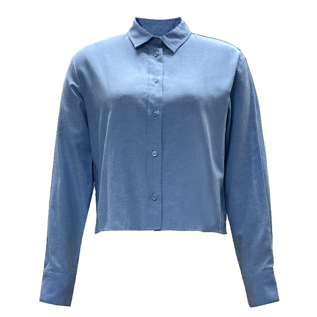 Solid Blue Button Up Shirt | Women's Collared Long Sleeve Office Top