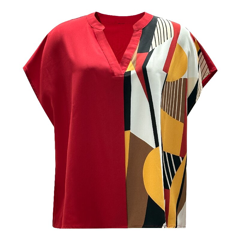 V-Neck Patchwork Blouse | Women's Short Sleeve Summer Chic Casual Top