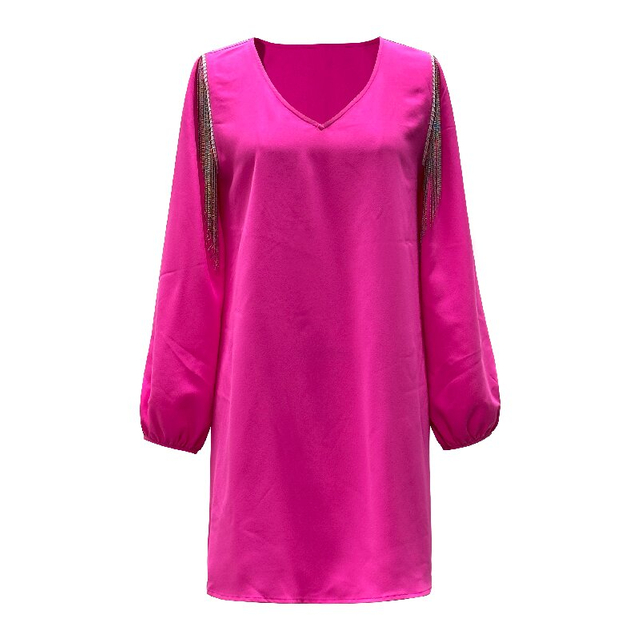 Rose Red Tassel Detail Dress - V-Neck Long Sleeve Women's Chic Dress