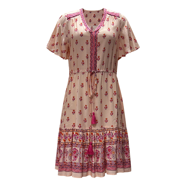 V-Neck Boho Vacation Dress | Women's Lovely Short Sleeve Summer Resort Dress