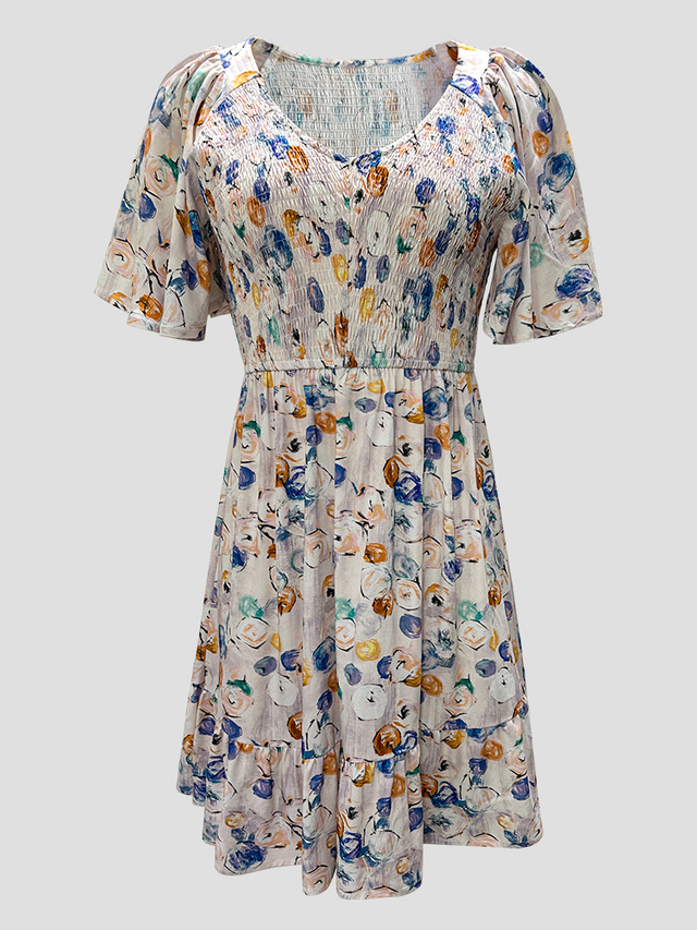 V-Neck Tropical Printed Boho Dress | Women's Lightweight Short Sleeve Summer Vacation Dress