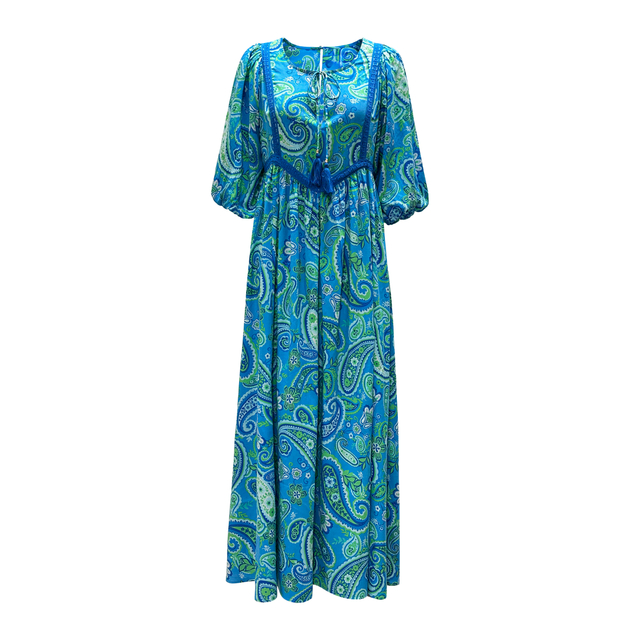 Women Fashion Summer Blue Printing Short Sleeve Vacation Resort Boho Maxi Dress