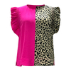 Rose Red & Leopard Patchwork Sleeveless Blouse | Women's Ruffle Chic Casual Top