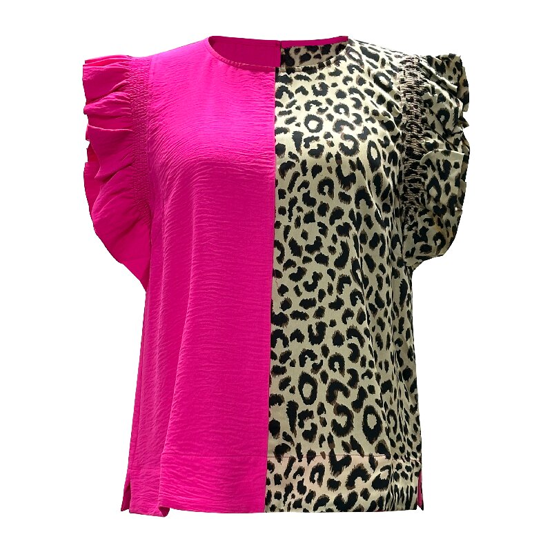 Rose Red & Leopard Patchwork Sleeveless Blouse | Women's Ruffle Chic Casual Top