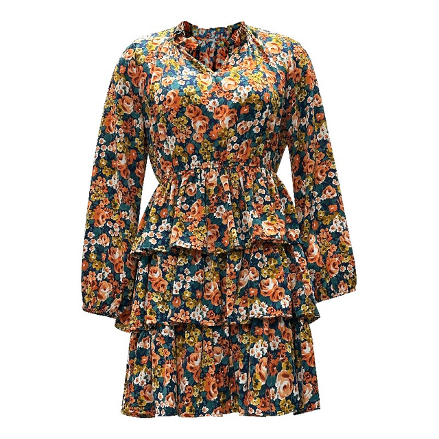 Printed Tiered Dress | Women's European Style Long Sleeve Waist-Cinching Dress