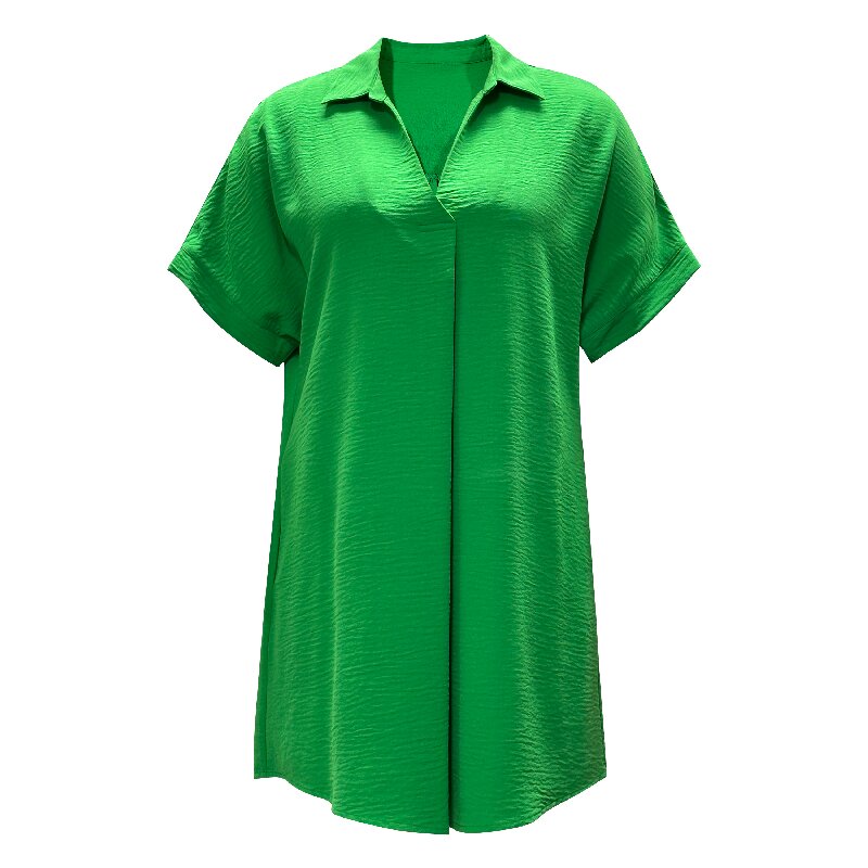 Solid Green Collared Dress | Women's Lightweight Short Sleeve Loose Summer Dress