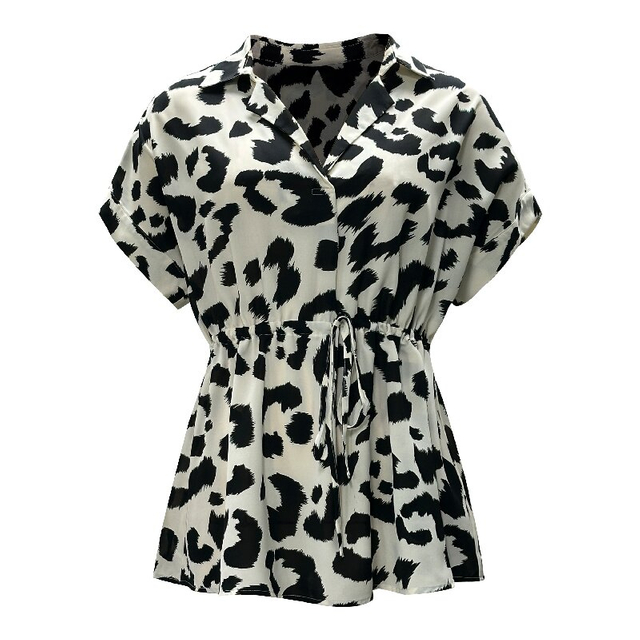 Cow Print Tie-Waist Shirt | Women's Summer V-Neck Slimming Short Sleeve Blouse