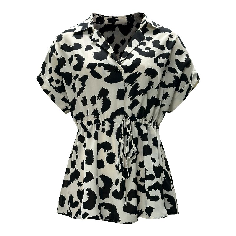 Cow Print Tie-Waist Shirt | Women's Summer V-Neck Slimming Short Sleeve Blouse