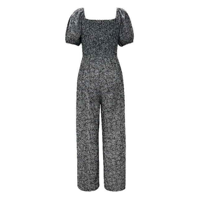 Printed Square Neck Puff Sleeve Jumpsuit | Women Summer Short Sleeve European Style Elastic Waist Jumpsuit