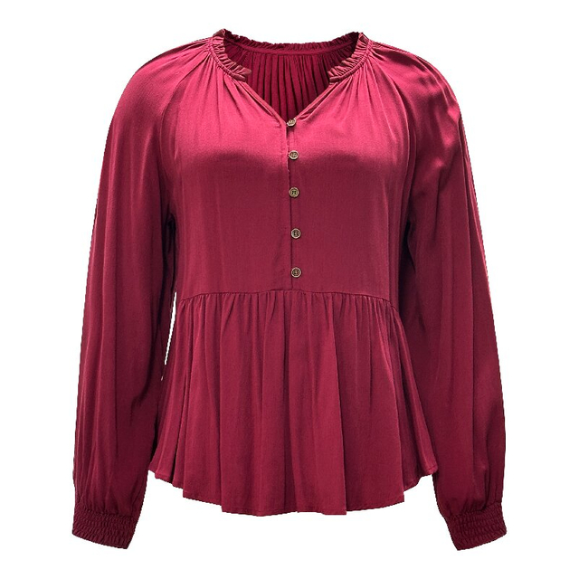 Rose Red V-Neck Blouse | Women's Long Sleeve Loose Elastic Casual Daily Top