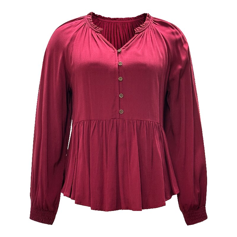 Rose Red V-Neck Blouse | Women's Long Sleeve Loose Elastic Casual Daily Top
